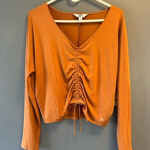JoyLab Burnt Orange Ruched V-Neck Long Sleeve Top
